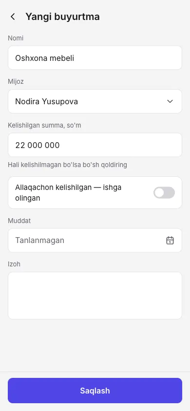 Yangi buyurtma oching